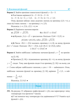 9. Властивості функцій 87
Вправа 2. Знайти проміжки знакосталості функції у  2х  5.
● Розв’яжемо нерівності 2х  5 > 0 і 2х  5 < 0:
2х  5 > 0; 2х > 5; х > 2,5; 2х  5 < 0; 2х < 5; х < 2,5.
Отже, функція набуває лише додатних значень на проміжку (2,5; +), а
лише від’ємних значень — на проміжку (–; 2,5).
Відповідь. (–; 2,5); (2,5; +). ●
Вправа 3. Порівняти значення виразів:
а) 12,64 і 12,52; б) (28,1)2
і (25,6)2
.
● а) Функція ( )f x x є зростаючою. Оскільки 12,64 > 12,52, то
f(12,64) > f(12,52), тобто 12,64 12,52.
● б) Числа 28,1 і 25,6 належать проміжку (; 0], на якому функція
f(х) = х2
спадає. Оскільки 28,1 < 25,6, то f(28,1) > f(25,6), тобто
(28,1)2
> (25,6)2
. ●
Вправа 4. Знайти найбільше і найменше значення функції
5
y
x
 на проміж-
ку [2; 10].
● Проміжок [2; 10] є підмножиною проміжку (0; +), на якому функція
5
y
x
 спадає. Тому дана функція спадає й на проміжку [2; 10] і на ньому для
х = 2 вона набуває найбільшого значення, а для х = 10 — найменшого. Отже,
найбільше значення функції на проміжку [2; 10] дорівнює
5
2,5,
2
 а най-
менше —
5
0,5.
10

Відповідь. 2,5; 0,5. ●
353. На рисунку 33 зображено графік функції t  f(), яка характеризує зміну
температури тіла протягом 7 хвилин.
а) У які моменти часу температура тіла дорівнювала 0 С? Укажіть нулі
функції t  f().
 