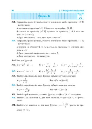 90 § 2. Квадратична функція
364. Накресліть графік функції, областю визначення якої є проміжок [2; 4],
і щоб функція:
а) зростала на проміжку [2; 0] і спадала на проміжку [0; 4];
б) спадала на проміжку [2; 1], зростала на проміжку [1; 4] і мала два
нулі: х  0 та x  3;
в) була зростаючою і мала один нуль — число 2.
365. Накресліть графік функції, областю визначення якої є проміжок [1; 6],
і щоб функція:
а) спадала на проміжку [1; 4], зростала на проміжку [4; 6] і мала один
нуль: х  1;
б) була спадною і мала один нуль — число 3;
в) була зростаючою і не мала нулів.
Знайдіть нулі функції:
366. а) у  2x2
 2х  1; б)
1
;
3 1
x
y
x x
 
 
в) 2
1 1
.
5 6 3
y
x x x
 
  
367. а) у  x2
+ 4х  1; б)
2
2
2 3 2
;
2
x x
y
x x
 

 
в) 2
2
.
1 1
x
y
x x
 
 
368. Знайдіть проміжки, на яких функція набуває від’ємних значень:
а)
2
;
3
y
x


б) у  (2x + 4)(х  1).
369. Знайдіть проміжки, на яких функція набуває додатних значень:
а)
4
;
2
y
x
 

б) у  (x  3)(х  2).
370. Знайдіть усі значення а, для яких функція у  (4а  3)х + 2 є спадною.
371. Знайдіть усі значення b, для яких функція у  (2b + 5)х  3 є зроста-
ючою.
372. Знайдіть усі значення m, для яких функція
4 2m
y
x

 зростає на про-
міжку (0; +).
 