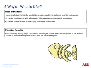 5 Why’s - What is it for?
Uses of this tool:
• As a simple tool that can be used at the problem location to challenge potential root causes .
• It can be used together with a Fishbone / Ishikawa diagram to establish more bones.
• It can be used in a team to thoroughly interrogate root causes.

Expected Benefits:
• By continually asking Why? The process encourages a more rigorous investigation of the real root
cause. It avoids the temptation to stick with the first answer given.

© ABB Group 9AKK105151D0113
15 July 2010, Slide 3

 