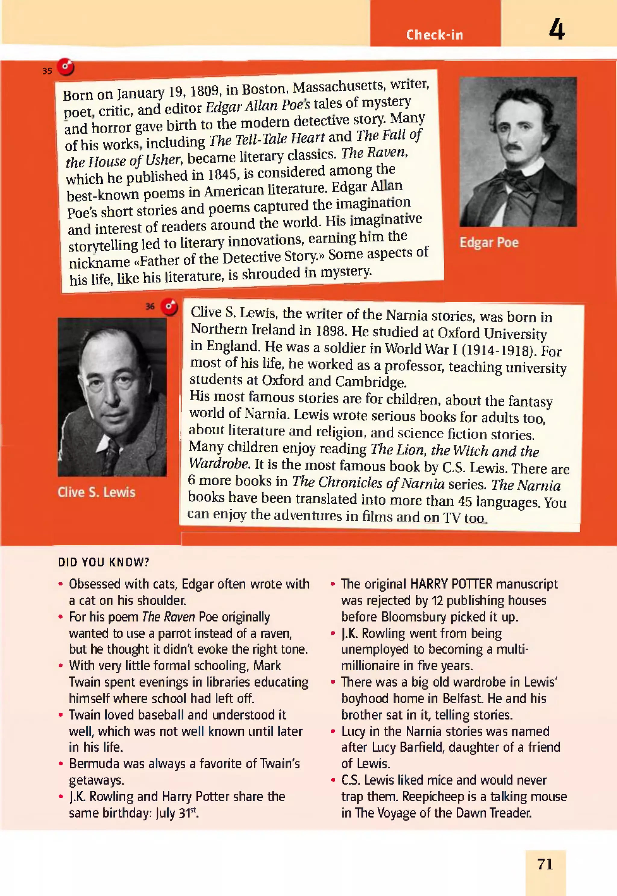 Check-in 4
35
Born on January 19,1809, in Boston, Massachusetts, writer,
poet critic, and editor E dgar A lla n P o es tales of mystery
and horror gave birth to the modern detective story. Many
of his works including The Tell-Tale H eart and « o f
th e H ouse o f Usher, became literary classics. The R aven,
which he published in 1845, is considered among the
best-known poems in American literature. Edgar A1an
Poe’s short stories and poems captured the imagination
and interest of readers around the world. His imaginative
storytelling led to literary innovations, earning him the
nickname «Father of the Detective Story.» Some aspects of
his life, like his literature, is shrouded unuystery
Clive S. Lewis, the writer of the Narnia stories, was born in
Northern Ireland in 1898. He studied at Oxford University
in England. He was a soldier in World War I (1914-1918). For
most of his life, he worked as a professor, teaching university
students at Oxford and Cambridge.
His most famous stories are for children, about the fantasy
world of Narnia. Lewis wrote serious books for adults too,
about literature and religion, and science fiction stories.
Many children enjoy reading The Lion, th e W itch a n d th e
W ardrobe. It is the most famous book by C.S. Lewis. There are
6 more books in The C hronicles o f N a rn ia series. The N a rn ia
books have been translated into more than 45 languages. You
can enjoy the adventures in films and on TV too
DID YOU KNOW?
• Obsessed with cats, Edgar often wrote with
a cat on his shoulder.
• For his poem The Raven Poe originally
wanted to use a parrot instead of a raven,
but he thought it didn't evoke the right tone.
• With very little formal schooling, Mark
Twain spent evenings in libraries educating
himself where school had left off.
• Twain loved baseball and understood it
well, which was not well known until later
in his life.
• Bermuda was always a favorite of Twain's
getaways.
• j.K. Rowling and Harry Potter share the
same birthday: July 31st.
• The original HARRY POTTER manuscript
was rejected by 12 publishing houses
before Bloomsbury picked it up.
• J.K. Rowling went from being
unemployed to becoming a multi­
millionaire in five years.
• There was a big old wardrobe in Lewis'
boyhood home in Belfast. He and his
brother sat in it, telling stories.
• Lucy in the Narnia stories was named
after Lucy Barfield, daughter of a friend
of Lewis.
• C.S. Lewis liked mice and would never
trap them. Reepicheep is a talking mouse
in The Voyage of the Dawn Treader.
71
 