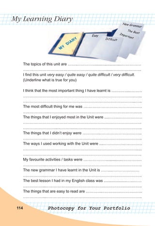 My Learning Diary
Photocopy for Your Portfolio114
The topics of this unit are ……..…………..........................……………
……………………………………………………….......………………….
I find this unit very easy / quite easy / quite difficult / very difficult.
(Underline what is true for you)
I think that the most important thing I have learnt is …………...………
…………………………………………………………………………..…...
…………………………………………………………………………...…..
The most difficult thing for me was ………………………………………
………………..………………………………………………………….…..
The things that I enjoyed most in the Unit were ....……..………………
……………………………………………………………………………….
……………………...………………………………………………………..
The things that I didn’t enjoy were …………..…………………………..
……………...………………………………………………………………..
The ways I used working with the Unit were ....…………….….……….
…………………………………………………………………………….....
……………………………………………………………………………….
My favourite activities / tasks were ……………….............…………….
……………...………………………………………………………………..
The new grammar I have learnt in the Unit is ……...…………………
……………...………………………………………………………………..
The best lesson I had in my English class was .....................…...……
……………...………………………………………………………………..
The things that are easy to read are .………...………………………….
……………...………………………………………………………………..
The topics of this unit are ……..…………..........................……………
 