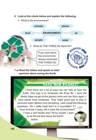 6	 Look	at	the	charts	below	and	explain	the	following.
zz What is the environment?
zz What do THE THREE Rs stand for?
If you care about
the environment,
always remember
THE THREE Rs!
7	a)	Read	the	letters	and	speak	on	kids’	
opinions	about	saving	the	Earth.
I think there are a lot of ways we can help to save the
Earth. One way is to remember the three Rs. I save the
plastic bags we get at the grocery store and use them again. I
save plastic food containers. They make good toys to play in
sand and water. Before I buy something, I ask myself the following
questions, “Do I really need this? Is it recyclable? If I
have to throw it away, will it harm the environment?”
I have a bird feeder that I fill by myself. I want
to be the kid who saves the Earth!
Jackie
SAVE OUR PLANET!
ENVIRONMENT
animals
land air
people
plants
water
150
chat
 