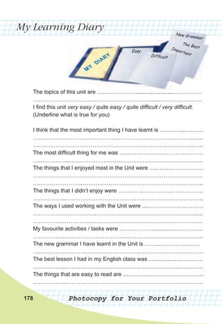 My Learning Diary
Photocopy for Your Portfolio178
The topics of this unit are ……..…………..........................……………
……………………………………………………….......………………….
I find this unit very easy / quite easy / quite difficult / very difficult.
(Underline what is true for you)
I think that the most important thing I have learnt is …………...………
…………………………………………………………………………..…...
…………………………………………………………………………...…..
The most difficult thing for me was ………………………………………
………………..………………………………………………………….…..
The things that I enjoyed most in the Unit were ....……..………………
……………………………………………………………………………….
……………………...………………………………………………………..
The things that I didn’t enjoy were …………..…………………………..
……………...………………………………………………………………..
The ways I used working with the Unit were ....…………….….……….
…………………………………………………………………………….....
……………………………………………………………………………….
My favourite activities / tasks were ……………….............…………….
……………...………………………………………………………………..
The new grammar I have learnt in the Unit is ……...…………………
……………...………………………………………………………………..
The best lesson I had in my English class was .....................…...……
……………...………………………………………………………………..
The things that are easy to read are .………...………………………….
……………...………………………………………………………………..
The topics of this unit are ……..…………..........................……………
 