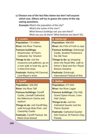 206
c)	Choose	one	of	the	fact	fi	les	below	but	don’t	tell	anyone	
which	one.	Others	will	try	to	guess	the	name	of	the	city	
asking	questions.
Example:What’s the population of the city?
What’s the name of the river?
What famous buildings can you see there?
What can you do there? What festivals are there? Etc.
Population: 7,5 million
River: the River Thames
Famous buildings:
Westminster, St Paul’s
Cathedral, the ‘Gherkin’
Things to do: visit the
museums and galleries, go on
a river walk or boat trip, go to
a West End show
Festivals: Notting Hill Carnival,
Lord Mayor’s show
A London B Edinburgh
Population: 488,000
River: the Firth of Forth is near
Famous buildings: Edinburgh
Castle, Scottish Parliament,
the Old Town
Things to do: go shopping
down the Royal Mile, walk to
Arthur’s Seat and the I Royal
Botanic Gardens
Festivals: Edinburgh
International Festival of Arts
Population: 328,000
River: the River Taff
Famous buildings: Cardiff
Castle, Llandaff Cathedral,
the Millennium Centre and
stadium
Things to do: visit Cardiff Bay,
walk through Bute Park, visit
Caerphilly Castle
Festivals: Cardiff Festival, the
Mardi Gras festival
C Cardiff
Population: 277,000
River: the River Lagan
Famous buildings: City Hall,
Grand Opera House, Linen
Hall Library
Things to do: visit the
Cathedral Quarter and the
Titanic Quarter
Festivals: Cathedral Quarter
Arts Festival, St Patrick’s Day
Parade
D Belfast
 