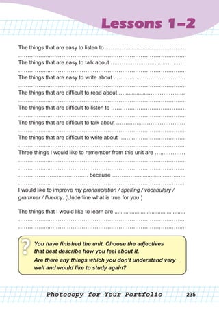 Photocopy for Your Portfolio
Lessons 1-2
The things that are easy to listen to ………….................………………
……………...………………………………………………………………..
The things that are easy to talk about ……………………......…………
……………...………………………………………………………………..
The things that are easy to write about ...………...…………………….
……………...………………………………………………………………..
The things that are difficult to read about …................………………..
……………...………………………………………………………………..
The things that are difficult to listen to .………………………………….
……………...………………………………………………………………..
The things that are difficult to talk about …………..……………………
……………...………………………………………………………………..
The things that are difficult to write about ……..……………………….
……………...………………………………………………………………..
Three things I would like to remember from this unit are …..…………
……………...………………………………………………………………..
……………...………………………………………………………………..
………………….....…………. because ……………................….……..
……………...………………………………………………………………..
I would like to improve my pronunciation / spelling / vocabulary /
grammar / fluency. (Underline what is true for you.)
The things that I would like to learn are ..............................................
……………...………………………………………………………………..
……………...………………………………………………………………..
You	have	fi	nished	the	unit.	Choose	the	adjectives	
that	best	describe	how	you	feel	about	it.? Are	there	any	things	which	you	don’t	understand	very	
well	and	would	like	to	study	again?
235
 