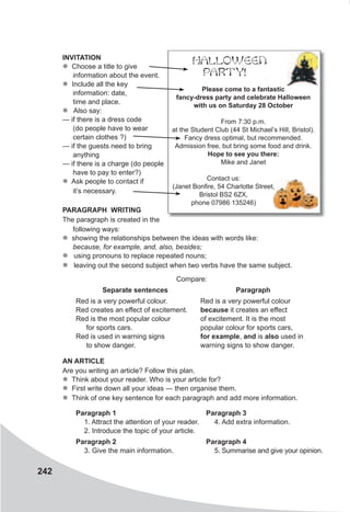 242
INVITATION
z Choose a title to give
information about the event.
z Include all the key
information: date,
time and place.
z Also say:
— if there is a dress code
(do people have to wear
certain clothes ?)
— if the guests need to bring
anything
— if there is a charge (do people
have to pay to enter?)
z Ask people to contact if
it’s necessary.
PARAGRAPH WRITING
The paragraph is created in the
following ways:
z showing the relationships between the ideas with words like:
because, for example, and, also, besides;
z using pronouns to replace repeated nouns;
z leaving out the second subject when two verbs have the same subject.
Compare:
Separate sentences Paragraph
Red is a very powerful colour.
Red creates an effect of excitement.
Red is the most popular colour
for sports cars.
Red is used in warning signs
to show danger.
Red is a very powerful colour
because it creates an effect
of excitement. It is the most
popular colour for sports cars,
for example, and is also used in
warning signs to show danger.
AN ARTICLE
Are you writing an article? Follow this plan.
z Think about your reader. Who is your article for?
z First write down all your ideas — then organise them.
z Think of one key sentence for each paragraph and add more information.
Paragraph 1
1. Attract the attention of your reader.
2. Introduce the topic of your article.
Paragraph 3
4. Add extra information.
Paragraph 2
3. Give the main information.
Paragraph 4
5. Summarise and give your opinion.
HALLOWEEN
PARTY!
Please come to a fantastic
fancy-dress party and celebrate Halloween
with us on Saturday 28 October
From 7:30 p.m.
at the Student Club (44 St Michael’s Hill, Bristol).
Fancy dress optimal, but recommended.
Admission free, but bring some food and drink.
Hope to see you there:
Mike and Janet
Contact us:
(Janet Bonfire, 54 Charlotte Street,
Bristol BS2 6ZX,
phone 07986 135246)
 