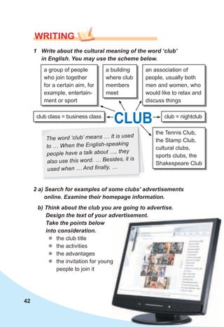 42
The word ‘club’ means … It is used
to … When the English-speaking
people have a talk about …, they
also use this word. … Besides, it is
used when … And finally, …
WrITING
1	 Write	about	the	cultural	meaning	of	the	word	‘club’	
in	English.	You	may	use	the	scheme	below.
a group of people
who join together
for a certain aim, for
example, entertain-
ment or sport
an association of
people, usually both
men and women, who
would like to relax and
discuss things
the Tennis Club,
the Stamp Club,
cultural clubs,
sports clubs, the
Shakespeare Club
club = nightclubclub class = business class
a building
where club
members
meet
CLUB
b)	Think	about	the	club	you	are	going	to	advertise.	
Design	the	text	of	your	advertisement.	
Take	the	points	below	
into	consideration.
zz the club title
zz the activities
zz the advantages
zz the invitation for young
people to join it
2	a)	Search	for	examples	of	some	clubs’	advertisements	
online.	Examine	their	homepage	information.	
 
