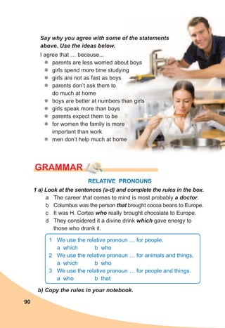 90
GraMMar
Say	why	you	agree	with	some	of	the	statements	
above.	Use	the	ideas	below.
I agree that … because...
zz parents are less worried about boys
zz girls spend more time studying
zz girls are not as fast as boys
zz parents don’t ask them to
do much at home
zz boys are better at numbers than girls
zz girls speak more than boys
zz parents expect them to be
zz for women the family is more
important than work
zz men don’t help much at home
RELATIVE PRONOUNS
1	a)	Look	at	the	sentences	(a-d)	and	complete	the	rules	in	the	box.	
a The career that comes to mind is most probably a	doctor.
b Columbus was the person that brought cocoa beans to Europe.
c It was H. Cortes who really brought chocolate to Europe.
d They considered it a divine drink which gave energy to
those who drank it.
1 We use the relative pronoun … for people.
a which b who
2 We use the relative pronoun … for animals and things.
a which b who
3 We use the relative pronoun … for people and things.
a who b that
b)	Copy	the	rules	in	your	notebook.
 