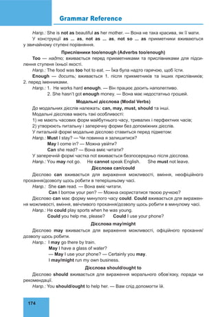 174
Grammar Reference
Напр.: She is not as beautiful as her mother. — Вона не така красива, як її мати.
У конструкції as ... as, not as ... as, not so ... as прикметники вживаються
у звичайному ступені порівняння.
Прислівники too/enough (Adverbs too/enough)
Too — надто; вживається перед прикметниками та прислівниками для підси-
лення ступеня їхньої якості.
Напр.: The food was too hot to eat. — Їжа була надто гарячою, щоб їсти.
Enough — досить; вживається 1. після прикметників та інших прислівників;
2. перед іменниками.
Напр.: 1. He works hard enough. — Він працює досить наполегливо.
2. She hasn’t got enough money. — Вона має недостатньо грошей.
Модальні дієслова (Modal Verbs)
До модальних дієслів належать: can, may, must, should та інші.
Модальні дієслова мають такі особливості:
1) не мають часових форм майбутнього часу, тривалих і перфектних часів;
2) утворюють питальну і заперечну форми без допоміжних дієслів.
У питальній формі модальне дієслово ставиться перед підметом:
Hanp.: Must I stay? — Чи повинна я залишитися?
May I come in? — Можна увійти?
Can she read? — Вона вміє читати?
У заперечній формі частка not вживається безпосередньо після дієслова.
Hanp.: You may not go. Не cannot speak English. She must not leave.
Дієслова can/could
Дієслово can вживається для вираження можливості, вміння, неофіційного
прохання/дозволу щось робити в теперішньому часі.
Hanp.: She can read. — Вона вміє читати.
Can I borrow your pen? — Можна скористатися твоєю ручкою?
Дієслово саn має форму минулого часу could. Could вживається для виражен-
ня можливості, вміння, ввічливого прохання/дозволу щось робити в минулому часі.
Hanp.: Не could play sports when he was young.
Could you help me, please? Could I use your phone?
Дієслова may/might
Дієслово may вживається для вираження можливості, офіційного прохання/
дозволу щось робити.
Напр.: I may go there by train.
May I have a glass of water?
— May I use your phone? — Certainly you may.
I may/might run my own business.
Дієслова should/ought to
Дієслово should вживається для вираження морального обов’язку, поради чи
рекомендації.
Напр.: You should/ought to help her. — Вам слід допомогти їй.
 