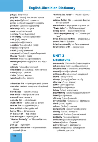 180
pit [pɪt] амфітеатр
play-bill [ˈpleɪbɪl] театральна афіша
playwright [ˈpleɪraɪt] драматург
prefer [prɪˈfɜː(r)] надавати перевагу
prompter [ˈprɒmptə(r)] суфлер
relation [rɪˈleɪʃn] стосунок
sank [sæŋk] затонулий
scenery [ˈsiːnərɪ] декорації
screenplay [ˈskriːnpleɪ] сценарій
sink [sɪŋk] тонути
smash [smæʃ] громити
spectator [spekˈteɪtə(r)] глядач
stage [steɪdʒ] сцена
struck [strʌk] вражений
supposed [səˈpəʊzd] передбачуваний
theatre [ˈθɪətə(r)] театр
transfer [trænsˈfɜː(r)] передавати
travelogue [ˈtrævəlɒɡ] фільм про подо-
рожі
ultimate [ˈʌltɪmət] остаточний
unsinkable [en'sickəb(ə)l] який не тоне
value [ˈvæljuː] цінність
victim [ˈvɪktɪm] жертва
wedding [ˈwedɪŋ] весілля
adventure film — пригодницький фільм
animated cartoon — мультиплікаційний
фільм
bare hands — голими руками
box office — театральна каса
come alive — оживати
comedy film — кінокомедія
dubbed film — дубльований фільм
feature film — художній фільм
free spirited — безтурботний
horror film — фільм жахів
in the care of — під опікою
look through — переглядати
“Madam Butterfly” — “Мадам Баттер-
фляй”
pick up — підбирати
popular science film — науково-попу-
лярний фільм
“Romeo and Juliet” — “Ромео і Джуль-
єтта”
science fiction film — науково-фантас-
тичний фільм
stare down — змушувати опустити очі
“Swan Lake” — “Лебедине озеро”
sweep away — змивати (хвилею)
“The Sleeping Beauty” — “Спляча кра-
суня”
three-dimensional film — стереофільм
thriller film — бойовик
to be impressed by — бути враженим
to fall in love with — закохатися
UNIT 3
LITERATURE
accumulate [əˈkjuːmjəleɪt] накопичувати
achievement [əˈtʃiːvmənt] досягнення
acquaintance [əˈkweɪntəns] знайомство
annual [ˈænjuəl] щорічний
anticipated [ænˈtɪsɪpeɪtəd] очікуваний
article [ˈɑːtɪkl] стаття
attempt [əˈtempt] робити спробу
attorney [əˈtɜːnɪ] адвокат
author [ˈɔːθə(r)] автор
benefit [ˈbenɪfɪt] вигода
betray [bɪˈtreɪ] зраджувати
breathtaking [ˈbreθteɪkɪŋ] захоплюючий
breed [briːd] порода
chimney [ˈtʃɪmnɪ] димохід
circumstance [ˈsɜːkəmstəns] обставина
climb [klaɪm] підйом
column [ˈkɒləm] стовпчик
comprehend [ˌkɒmprɪˈhend] осягати
convey [kənˈveɪ] вкладати
convinced [kənˈvɪnst] переконаний
curiously [ˈkjʊərɪəslɪ] дивно
dedicated [ˈdedɪkeɪtɪd] присвячений
defence [dɪˈfens] оборона
deliver [dɪˈlɪvə(r)] доставляти
discussion [dɪˈskʌʃn] обговорення
проблеми; дискусія
English-Ukrainian Dictionary
 