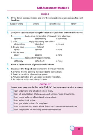 75
Lesson 35
LEVEL 3
1. Write down as many words and word combinations as you can under each
heading.
types of writing writers role of books library
2. Complete the sentences using the indefinite pronouns or their derivatives.
1. books are a combination of biography and adventure.
a) some b) something c) somebody
2. Can enjoy discovering new lands?
a) somebody b) anybody c) no one
3. Do you have thrillers?
a) any b) some c) none
4. No, we have .
a) any b) some c) none
5. took part in that performance.
a) Nobody b) Anybody c) None
3. Write a short review of your favourite book.
4. Translate the English sentences into German/French.
1. Cinema, theatre, painting, music and books belong to art.
2. Books show all the false and true values.
3. Amusing comedies give us a good laugh and relaxation.
4. Art helps us understand this world better.
CHECKLIST
Assess your progress in this unit. Tick () the statements which are true.
I can understand and talk about school library.
I can tell about William Shakespeare, Jack London, Taras Shevchenko.
I can create a plan of a Book Week for my school.
I can write a book review.
I can give a brief outline of a story/book.
I can understand and use Indefinite Pronouns in spoken and written forms.
I can use phrases for describing similarities/differences.
Self-Assessment Module 3
 