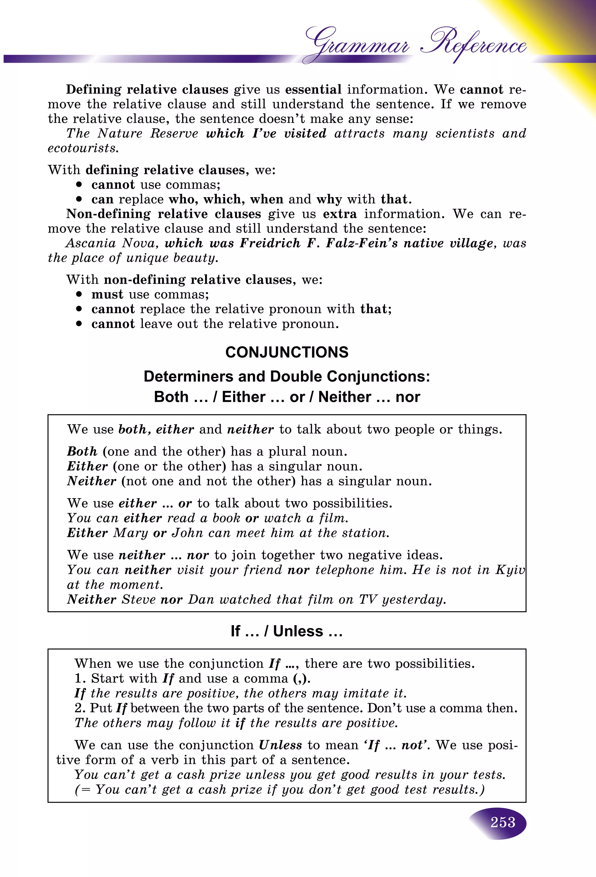 253
Grammar Reference
Defining relative clauses give us essential information. We ccannot re-
move the relative clause and still understand the sentence. If wwe remove
the relative clause, the sentence doesn’t make any sense:
The Nature Reserve which I’ve visited attracts many scientists andntists and
ecotourists.
With defining relative clauses, we:
• cannot use commas;
• can replace who, which, when and why with that.
Non-defining relative clauses give us extra information. We can re-
move the relative clause and still understand the sentence:
Ascania Nova, which was Freidrich F. Falz-Fein’s native village, was
the place of unique beauty.
With non-defining relative clauses, we:
• must use commas;
• cannot replace the relative pronoun with that;
• cannot leave out the relative pronoun.
CONJUNCTIONS
Determiners and Double Conjunctions:
Both … / Either … or / Neither … nor
We use both, either and neither to talk about two people or things.
Both (one and the other) has a plural noun.
Either (one or the other) has a singular noun.
Neither (not one and not the other) has a singular noun.
We use either … or to talk about two possibilities.
You can either read a book or watch a film.
Either Mary or John can meet him at the station.
We use neither … nor to join together two negative ideas.
You can neither visit your friend nor telephone him. He is not in Kyiv
at the moment.
Neither Steve nor Dan watched that film on TV yesterday.
If … / Unless …
When we use the conjunction If …f , there are two possibilities.
1. Start with If and use a commaf (,).
If the results are positive, the others may imitate it.f
2. Put If between the two parts of the sentence. Don’t use a comma then.
The others may follow it if the results are positive.f
We can use the conjunction Unless to mean ‘If … not’. We use posi-
tive form of a verb in this part of a sentence.
You can’t get a cash prize unless you get good results in your tests.
(= You can’t get a cash prize if you don’t get good test results.)
 