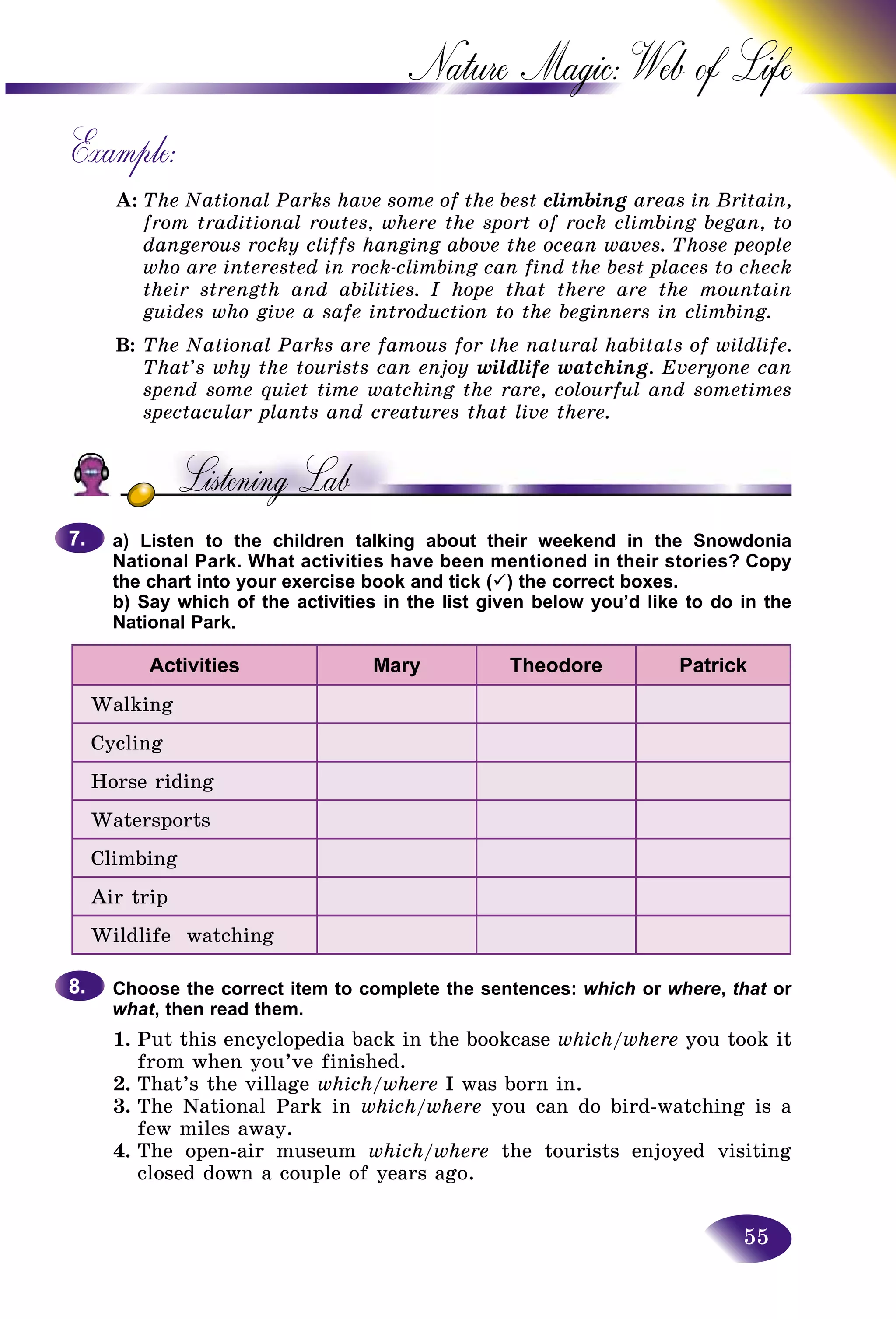 55
Nature Magic: Web o
Example:
A: The National Parks have some of the best climbing areas in Britain,in Britain
from traditional routes, where the sport of rock climbing began, to
dangerous rocky cliffs hanging above the ocean waves. Those people
who are interested in rock-climbing can find the best places to check
their strength and abilities. I hope that there are the mountain
guides who give a safe introduction to the beginners in climbing.
B: The National Parks are famous for the natural habitats of wildlife.
That’s why the tourists can enjoy wildlife watching. Everyone can
spend some quiet time watching the rare, colourful and sometimes
spectacular plants and creatures that live there.
a) Listen to the children talking about their weekend in the Snowdonia
National Park. What activities have been mentioned in their stories? Copy
the chart into your exercise book and tick ( ) the correct boxes.
b) Say which of the activities in the list given below you’d like to do in the
National Park.
Activities Mary Theodore Patrick
Walking
Cycling
Horse riding
Watersports
Climbing
Air trip
Wildlife watching
Choose the correct item to complete the sentences: which or where, that ort
what, then read them.
1. Put this encyclopedia back in the bookcase which/where you took it
from when you’ve finished.
2. That’s the village which/where I was born in.
3. The National Park in which/where you can do bird-watching is a
few miles away.
4. The open-air museum which/where the tourists enjoyed visiting
closed down a couple of years ago.
7.7.
8.8.
 