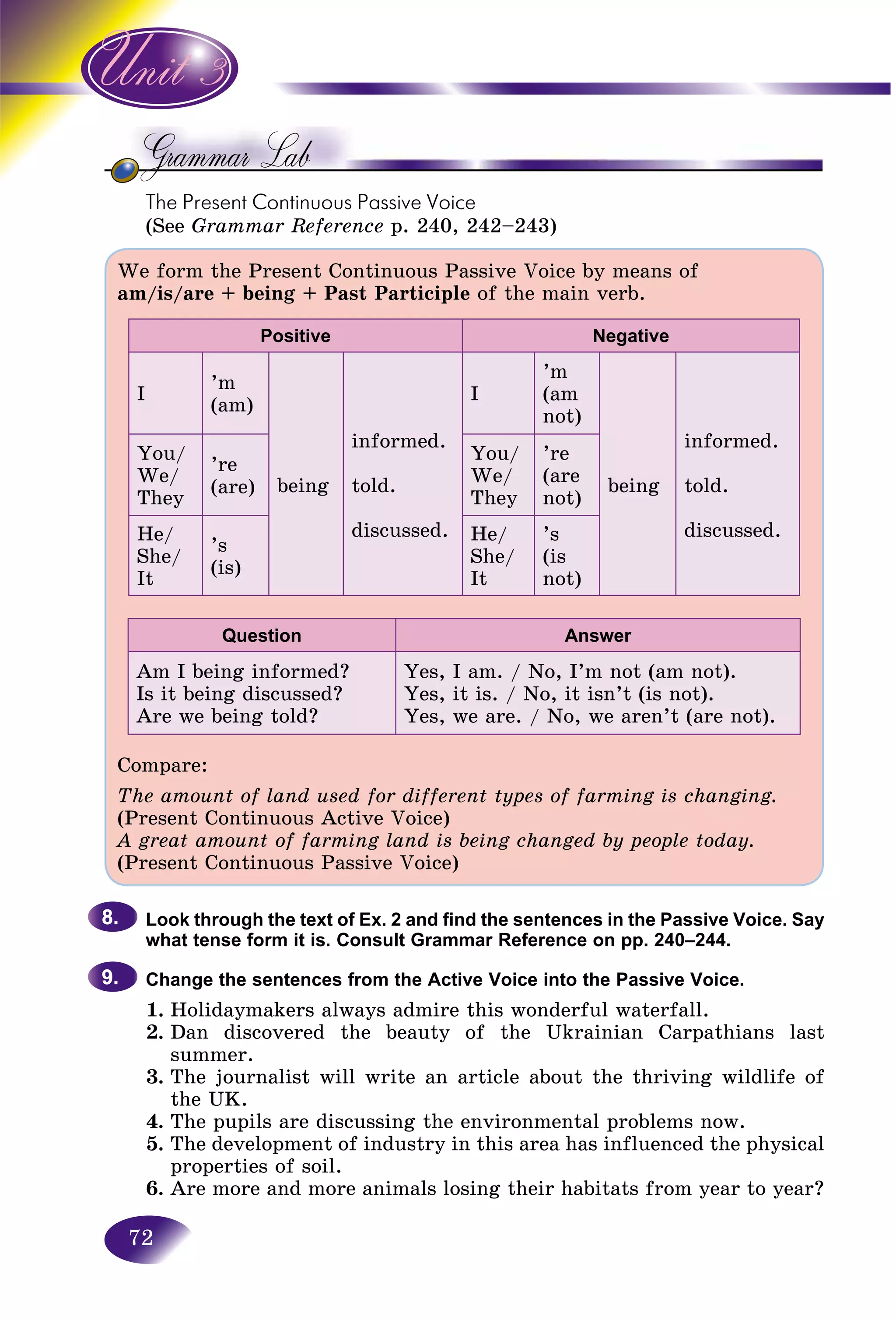 72
The Present Continuous Passive VoiceThe Pr
(See Grammar Reference p. 240, 242–243)
We form the Present Continuous Passive Voice by means of
am/is/are + being + Past Participle of the main verb.
Positive Negative
I
’m
(am)
being
informed.
told.
discussed.
I
’m
(am
not)
being
informed.
told.
discussed.
You/
We/
They
’re
(are)
You/
We/
They
’re
(are
not)
He/
She/
It
’s
(is)
He/
She/
It
’s
(is
not)
Question Answer
Am I being informed?
Is it being discussed?
Are we being told?
Yes, I am. / No, I’m not (am not).
Yes, it is. / No, it isn’t (is not).
Yes, we are. / No, we aren’t (are not).
Compare:
The amount of land used for different types of farming is changing.
(Present Continuous Active Voice)
A great amount of farming land is being changed by people today.
(Present Continuous Passive Voice)
Look through the text of Ex. 2 and find the sentences in the Passive Voice. Say
what tense form it is. Consult Grammar Reference on pp. 240–244.
Change the sentences from the Active Voice into the Passive Voice.
1. Holidaymakers always admire this wonderful waterfall.
2. Dan discovered the beauty of the Ukrainian Carpathians last
summer.
3. The journalist will write an article about the thriving wildlife of
the UK.
4. The pupils are discussing the environmental problems now.
5. The development of industry in this area has influenced the physical
properties of soil.
6. Are more and more animals losing their habitats from year to year?
8.8.
9.9.
 
