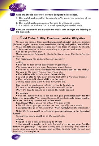 172
and choose the correct words to complete the sentences.Read a
1. e modal verb usuallyThe changes/doesn’t change the meaning of the
ntence.sen
2.2 The modal verbsTh can/cannot be used in different tenses.
3. An infinitive without ‘to’ is used after/before modal verbs.
Read the information and say how the modal verb changes the meaning of
the main verb.
7.7.
8.8.
Modal Verbs: Ability, Permission, Advice, ObligationMM
We can use modals (can, could, may, must, should) and semi-modals
(have to, ought to) to express permission, ability, obligation, and advice.
While modals and ought to have only one form (I should, he should,
etc.), have to changes its form depending on a person and tense.
She has to go home now.
Modals are never followed by the infinitive with to. Use the infinitive
without to.
She could play the guitar when she was three.
Ability
• Use can to talk about ability now or generally.
The doctor can see you now. Terry can speak Arabic.
• Use can to talk about the decisions made now about future ability.
We can go the concert tomorrow, if you like.
• Use will be able to talk about future ability.
You will be able to take your driving test after a few more lessons.
• Use could to talk about ability in the past.
Tommy could read when he was two years old.
Can cannot be used as an infinitive. Use to be able to:
I’d love to be able to go on a round-the-world cruise.
(NOT: I’d love to can go on a round-the-world cruise.)
Permission
• Use can, could or may to ask for and give permission now, for the
future, or generally. They mean the same thing, but could is more polite
than can, and may is more polite than could.
Can/Could/May I go on the school trip next week?
• To talk about past permission, we don’t usually use a modal.
I was allowed to go on the school trip. (NOT: I could go on the school trip.)
Note: We do use could to talk about past permission in the Reported
Speech.
My parents said I could go on the school trip.
Advice
• ought to has a similar meaning to should
• Use should or ought to to ask for and give advice now, for the
future, or generally. They have a very similar meaning, but should is
much more common in spoken and written English (both formal and
informal) than ought to.
tote ttot
cou
y
ulduldcouu
 