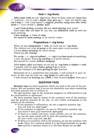248
Verb + –ing forms
omeAfter s verbs we use –ing forms. Some of these verbs are: keep (on)
nue’, ‘not to stop’)(= ‘contin , finish, stop, give up (= ‘stop’, for habits), go,
can’t help (= ‘can’t stop myself’), suggest, practise, enjoy, love, like, (not)
mind (= ‘(not) dislike’), dislike, hate.
I can’t help feeling unhappy. Do you mind sharing your room?
After love, like and hate we can also use infinitives with to with the
same meaning.
I love singing. = I love to sing.
She hates to cook/cooking on an electric cooker.
Prepositions + –ing forms
When we have preposition + verb, we must use an –ing form.
The children are tired of going to the same place every summer.
I worry about spending too much money.
Thank you for coming.
We use by … + – ing and without … + – ing to say how people do something.
I earn my pocket money by working in a petrol station.
She passed her exams without studying.
After before, after and since, we can use an –ing form or subject + verb.
I usually read the paper before going/I go to work.
Bill has changed a lot since getting/he got married.
Sometimes to is a preposition (for example, I look forward to your an-
swer). In this case we must use –ing forms of verbs after to.
I look forward to hearing you. (NOT: I look forward to hear from you.)
QUESTION TAGS
Question tags are short questions which are used at the end of the sen-
tences. We use question tags if we are not absolutely sure about something
and wish someone else to confirm it.
We add question tags to the sentences (negative or affirmative) to ask
for confirmation or agreement.
We form question tags by means of the auxiliary verb of the sentence
and the personal pronoun (I, he, she, it, etc.) which corresponds to the
subject of the sentence.
• If the sentence is affirmative, we use a negative question tag.
You will help me, won’t you?
• If the sentence is negative, we use an affirmative question tag.
You haven’t done your homework, have you?
• If there is a modal verb (can, could, should, etc.) in the sentence,
we use the same modal verb to form the question tag.
He can’t swim very well, can he?
• If there is no auxiliary verb in the sentence, we use the auxiliary verb
to do. Thus, for a sentence which is in the Present Simple we usea do/
does and for a sentence which is in the Past Simple we use did.
htoo h
 