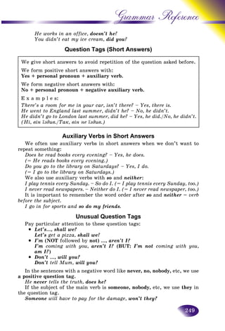249
Grammar Reference
He works in an office, doesn’t he?
You didn’t eat my ice cream, did you?
Question Tags (Short Answers)
We give short answers to avoid repetition of the question asked before.
We form positive short answers with:
Yes + personal pronoun + auxiliary verb.
We form negative short answers with:
No + personal pronoun + negative auxiliary verb.
E x a m p l e s:
There’s a room for me in your car, isn’t there? – Yes, there is.
He went to England last summer, didn’t he? – No, he didn’t.
He didn’t go to London last summer, did he? – Yes, he did./No, he didn’t.
(Íі, âіí їçäèâ./Òàê, âіí íå їçäèâ.)
Auxiliary Verbs in Short Answers
We often use auxiliary verbs in short answers when we don’t want to
repeat something:
Does he read books every evening? – Yes, he does.
(= He reads books every evening.)
Do you go to the library on Saturdays? – Yes, I do.
(= I go to the library on Saturdays.)
We also use auxiliary verbs with so and neither:
I play tennis every Sunday. – So do I. (= I play tennis every Sunday, too.)
I never read newspapers. – Neither do I. (= I never read newspaper, too.)
It is important to remember the word order after so and neither – verb
before the subject.
I go in for sports ands so do my friends.
Unusual Question Tags
Pay particular attention to these question tags:
• Let’s…, shall we?
Let’s get a pizza, shall we?
• I’m (NOT followed by not) …, aren’t I?
I’m coming with you, aren’t I? (BUT: I’m not coming with you,
am I?)
• Don’t ..., will you?
Don’t tell Mum, will you?
In the sentences with a negative word like never, no, nobody, etc, we use
a positive question tag.
He never tells the truth, does he?
If the subject of the main verb is someone, nobody, etc, we use they in
the question tag.
Someone will have to pay for the damage, won’t they?
 