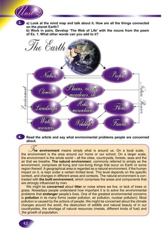 42
ok at the mind map and talk about it. How are all the things connecteda) Loo
e planet Earth?on the
rk in pairs. Develop ‘The Web of Life’ with the nouns from the poemb) Wo
1. What other words can you add to it?of Ex.
Read the article and say what environmental problems people are concerned
about.
T environmentTT means simply what is around us. On a local scale,
the environment is the area around our home or our school. On a larger scale,
the environment is the whole world – all the cities, countryside, forests, seas and the
air that we breathe. The natural environment, commonly referred to simply as the
environment, comprises all living and non-living things that occur on Earth or some
region thereof. A geographical area is regarded as a natural environment, if the human
impact on it, is kept under a certain limited level. This level depends on the specific
context, and changes in different areas and contexts. The natural environment is con-
trasted with the built environment, which comprises the areas and components that
are strongly influenced by man.
We might be concerned about litter or noise where we live, or lack of trees orr
grass. Nowadays people understand how important it is to solve the environmental
problems that endanger people’s lives. One of the greatest environmental concernsr
is pollution in its many forms (water pollution, air pollution, nuclear pollution). Most
pollution is caused by the actions of people. We might be concerned about the climate
changes around the world, the destruction of wildlife and natural beauty of in our
countrysides, the shortage of natural resources (metals, different kinds of fuel) and
the growth of population.
3.3.
4.4.
 