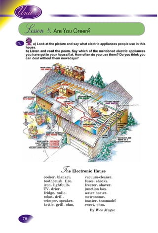 78
Lesson 8. Are You Green?
a) Look at the picture and say what electric appliances people use in this
house.
b) Listen and read the poem. Say which of the mentioned electric appliances
you have got in your house/flat. How often do you use them? Do you think you
can deal without them nowadays?
1.1.
T e Electronic HouseTT
cooker. blanket. vacuum-cleaner.
toothbrush. fire. fuses. shocks.
iron. lightbulb. freezer. shaver.
TV. drier. junction box.
fridge. radio. water heater.
robot. drill. metronome.
crimper. speaker. toaster. teasmade!
kettle. grill. ohm, sweet, ohm.
By Wes Magee
 