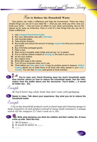 81
Environment and Greener
How to Reduce the Household WasteHH
One person can make a difference and help the environment. There are many
simple things you can do in your daily life — what you eat, what you drive, how you
build your home — that can have an effect on your close surrounding, and on the
places as far away as Antarctica. Here is a list of a few things that you can do to
make a difference.
1. Use compact fluorescent bulbs.
2. Run your dishwasher only with a full load.
3. Use recycled paper.
4. Take shorter showers.
5. Buy locally and reduce the amount of energy required to drive your products to
your store.
6. Buy minimally packaged goods.
7. Plant a tree.
8. Start using a reusable water bottle and just say ‘no’ to plastic!
9. Put on warmer clothes instead of turning up the heat in your home.
10. Air-dry your clothes.
11. Buy organic food.
12. Bring cloth bags to the market.
13. Turn off your computer when not in use.
14. Think before you toss your trash. It may be another person’s treasure. Online
trading allows you to trade items of all kinds with other people in your com-
munity. You can also donate used goods to local charities.
You’ve seen your friend throwing away too much household waste.
Give him/her advice on how to reduce the household waste. Use the infor-
mation from the leaflet above and the structures: You’d better…; It would
be better (to)… Etc.
Example:
A: You’d better buy whole foods that don’t come with packaging.
Speak in class. Talk about your experience. Say what you do to reduce the
household waste.
Example:
I try to buy household products such as hand soap and cleaning sprays in
large containers of each product instead of many small containers. I always
switch off the computer if I don’t work on it. Etc.
Write what decisions you think the children and their mother (Ex. 2) have
come up with. Start like this:
1. We’d better ..... .
2. It would be better to ..... .
3. ..... .
5.5.
6.6.
7.7.
 