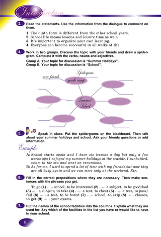 8
the statements. Use the information from the dialogue to comment onRead t
them.
1. e ninth form is different from the other school years.The
2.2 School life means lessons and leisure time as well.S h
3. It’s important to organize your own learning.
4. Everyone can become successful in all walks of life.
Work in two groups. Discuss the topic with your friends and draw a spider-
gram. Complete it with the verbs, nouns and adjectives.
Group A. Your topic for discussion is “Summer Holidays”.
Group B. Your topic for discussion is “School”.
3.3.
4.4.
Speak in class. Put the spidergrams on the blackboard. Then talk
about your summer holidays and school. Ask your friends questions or add
information.
Example:
A: School starts again and I have six lessons a day but only a few
weeks ago I enjoyed my summer holidays at the seaside. I sunbathed,
swam in the sea and went on excursions.
B: As for me, I used to spend a lot of time with my friends but now they
are all busy again and we can meet only at the weekend. Etc.
Fill in the correct prepositions where they are necessary. Then make sen-
tences with the phrases you get.
To go (1) ..... school, to be interested (2) ..... a subject, to be good/bad
(3) ..... a subject, to take (4) ..... a test, to cheat (5) ..... a test, to pass/
fail (6) ..... a test, to be bored (7) ..... school, to skip (8) ..... classes,
to get (9) ..... your exams.
Put the names of the school facilities into the columns. Explain what they are
used for. Say which of the facilities in the list you have or would like to have
in your school.
5.5.
6.6.
7.7.
LLummer/L /
Lchooll
y pyouth campyouth camp
new friendsnew friendsf
Lpidergram
 