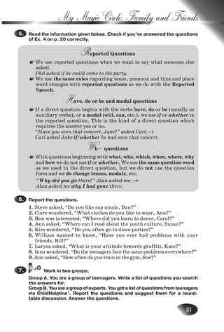 21
My Magic Circle: Family and Friends
Read the information given below. Check if you’ve answered the questions
of Ex. 4 on p. 20 correctly.
Reported Questions
We use reported questions when we want to say what someone else
asked.
Phil asked if he could come to the party.
We use the same rules regarding tense, pronoun and time and place
word changes with reported questions as we do with the Reported
Speech.
Have, do or be and modal questions
If a direct question begins with the verbs have, do or be (usually as
auxiliary verbs), or a modal (will, can, etc.), we use if or whether in
the reported question. This is the kind of a direct question which
requires the answer yes or no.
“Have you seen that concert, Jake?” asked Carl. →
Carl asked Jake if/whether he had seen that concert.
Wh– questions
With questions beginning with what, who, which, when, where, why
and how we do not use if or whether. We use the same question word
as we used in the direct question, but we do not use the question
form and we do change tenses, modals, etc.
“Why did you go there?” Alan asked me. →
Alan asked me why I had gone there.
Report the questions.
1. Steve asked, “Do you like rap music, Dan?”
2. Clare wondered, “What clothes do you like to wear, Ann?”
3. Ron was interested, “Where did you learn to dance, Carol?”
4. Ann asked, “Where can I read about the youth culture, Susan?”
5. Kim wondered, “Do you often go to disco parties?”
6. William wanted to know, “Have you ever had problems with your
friends, Bill?”
7. Larysa asked, “What is your attitude towards graffiti, Kate?”
8. Inna wondered, “Do the teenagers face the same problems everywhere?”
9. Ann asked, “How often do you train in the gym, Sue?”
Work in two groups.
Group A. You are a group of teenagers. Write a list of questions you search
the answers for.
Group B. You are a group of experts. You got a list of questions from teenagers
via ChildHelpline1
. Report the questions and suggest them for a round-
table discussion. Answer the questions.
5.
6.
7.
Nesvit_Engl_9.indd 21Nesvit_Engl_9.indd 21 8/12/2009 17:03:308/12/2009 17:03:30
 