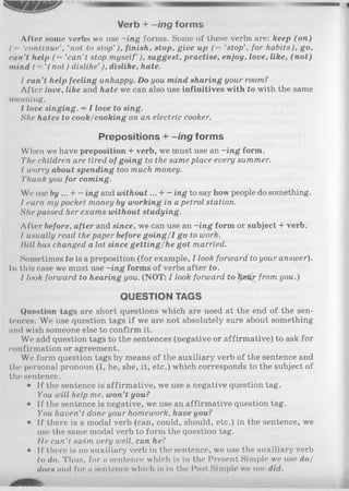 Verb + -ing forms
After some verbs we use -in g forms. Some of these verbs are: keep (o n )
( ‘continue’, 'not to stop’), finish, stop, give up (= 'stop', for habits), go,
can't help (= ‘can't stop myself’), suggest, practise, enjoy, love, like, (n o t)
mind ( ‘(n o t) dislike ), dislike, hate.
I can’t help feeling unhappy. Do you mind sharing your room?
After love, like and hate we can also use infinitives with to with the same
meaning.
I love singing. = I love to sing.
She hates to cook/cooking on an electric cooker.
Prepositions + -ing forms
When we have preposition + verb, we must use an -in g form.
The children are tired of going to the same place every summer.
I worry about spending too much money.
Thank you for coming.
We use by ... + - ing and w ithout... + - ing to say how people do something.
I earn my pocket money by working in a petrol station.
She passed her exams without studying.
After before, after and since, we can use an -in g form or subject + verb.
I usually read the paper before going/1 go to work.
Bill has changed a lot since getting/he got married.
Sometimes to is a preposition (for example, I look forward to your answer).
111 this case we must use -in g forms of verbs after to.
1 look forward to hearing you. (NOT: I look forward tolpeti<r from you.)
QUESTION TAGS
Question tags are short questions which are used at the end of the sen­
tences. We use question tags if we are not absolutely sure about something
and wish someone else to confirm it.
We add question tags to the sentences (negative or affirmative) to ask for
confirmation or agreement.
We form question tags by means of the auxiliary verb of the sentence and
the personal pronoun (I, he, she, it, etc.) which corresponds to the subject of
the sentence.
• If the sentence is affirmative, we use a negative question tag.
You will help me, won’t you?
• If the sentence is negative, we use an affirmative question tag.
You haven’t done your homework, have you?
• If there is a modal verb (can, could, should, etc.) in the sentence, we
use the same modal verb to form the question tag.
He can’t swim very well, can he?
• If there is no auxiliary verb in the sentence, we use the auxiliary verb
to do. Thus, for a sentence which is in the Present Simple we use do/
docs and for a sentence which is in the Past Simple we use did.
 