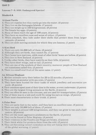 Unit 3
Lessons 7—8. SOS: Endangered Species!
Student A
A (iiant Turtle
1. They are reptiles but they rarely go into the water. (8 points)
2. They live on the Galapagos Islands. (7points)
3. They can weigh up to 230 kilogrammes. (6 points)
4. The female lay eggs. (5 points)
ft. Many of them reach the age of 100 years. (4points)
(I. They have an excellent nose and sense of colour. (3 points)
7. When attacked, they hide under their shells that protect them from larger
animals. (2 points)
H. They are slow-moving animals for which they are famous. (1 point)
A Kiwi Bird
I. There are only 55,000 left of them. (8points)
2. Although they are birds, they cannot fly. (7points)
3. Their bones have marrows, while most of other birds’ bones are hollow. (6 points)
4. They live in New Zealand. (5points)
ft. 11iiIike other birds, they have nostrils on their bills. (4points)
0. They have short wings, and no tail. (3points)
7. They are one of the symbols of their country; moreover people of New Zealand
are sometimes called this. (2 points)
8. There is a small oval fruit of the same name. (1point)
An African Elephant
1. Mother animals carry their babies for 20 to 22 months. (8 points)
2. They share an ancestor with sea cows. (7points)
3. They have been hunted for their tusks of which jewellery and souvenirs are
made. (6 points)
4. Their ancestors spent most of their time in the water, or even underwater. (5points)
ft. They are the largest living animals on the Earth. (4points)
<{. They can often be seen in the circuses, and are used for transportation. (3 points)
7. One of them was in a tale and could fly using his ears as wings. (2 points)
8. Their most characteristic is their trunk. (1point)
A Polar Bear
1. They are quite fast in the water, and they have an excellent nose. (8 points)
2. There are only 10,000 left of them. (7points)
3. Their weight is around 420 kilogrammes, and they can grow to two and a half
metres. (6 points)
4. They are the most aggressive predators on the Earth. (5 points)
ft. They can be found in Polar Regions. (4 points)
(I. Their relatives in the Tundra and Taiga are brown. (3 points)
7. Their thick white fur protects them from the cold. (2 points)
8. They are becoming extinct nowadays as they are losing their habitats because
of the global warming. (/ point)
 