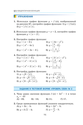 1. Èñïîëüçóÿ ãðàôèê ôóíêöèè y = f (x), èçîáðàæåííûé
íà ðèñóíêå 67, ïîñòðîéòå ãðàôèê ôóíêöèè: 1) y = | f (x) |;
2) y = | f ( | x | ) |.
2. Èñïîëüçóÿ ãðàôèê ôóíêöèè y = x + 2, ïîñòðîéòå ãðàôèê
ôóíêöèè y = | x + 2 |.
3. Ïîñòðîéòå ãðàôèê ôóíêöèè:
1) y = | x – 3 |; 4) y = | 2x – x2
|;
2) y = | x2
– 4x |; 5) y
x
=
4
2− ;
3) y = | x2
+ 2x – 3 |; 6) y
x
=
4
2−
.
4. Ïîñòðîéòå ãðàôèê ôóíêöèè:
1) y = | | x | – 3 |; 4) y = | 2 | x | – x2
|;
2) y = | x2
– 4 | x | |; 5) y
x
=
4
2− ;
3) y = | x2
+ 2 | x | – 3 |; 6) y
x
=
4
2−
.
5. Ïîñòðîéòå ãðàôèê ôóíêöèè:
1) y x= 4 − ; 4) y x= 4 − ;
2) y x= 3 4− − ; 5) y x= − −3 4 ;
3) y x= 3 4− − ; 6) y x= 3 4− − .
1. ×åìó ðàâíî çíà÷åíèå ôóíêöèè f (x) = 2x2
– 1 â òî÷êå
x0
= –3?
À) –19; Á) –13; Â) 11; Ã) 17.
2. Ñðåäè ïðèâåäåííûõ ôóíêöèé óêàæèòå êâàäðàòè÷íóþ.
À) y = 2x – 5; Â) y = 2x2
– 5;
Á) y x= 2 5− ; Ã) y
x
=
2
2
5− .
 