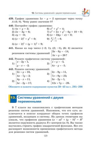 439. Ãðàôèê óðàâíåíèÿ 5x – y = 2 ïðîõîäèò ÷åðåç òî÷êó
A (4; b). ×åìó ðàâíî çíà÷åíèå b?
440. Ïîñòðîéòå ãðàôèê óðàâíåíèÿ:
1) 4x + y = 3; 6) x2
+ y2
= 4;
2) 2x – 3y = 6; 7) x2
+ 2x + y2
– 6y + 10 = 0;
3) xy = –8; 8) (x – 3)(y – x) = 0;
4) (x – 2)2
+ y2
= 0; 9)
y x
y
−
−
2
1
0= .
5) (x – 2)2
+ (y + 1)2
= 9;
441. Êàêàÿ èç ïàð ÷èñåë (–2; 1), (2; –1), (6; 4) ÿâëÿåòñÿ
ðåøåíèåì ñèñòåìû óðàâíåíèé
3 8 14
4 28
x y
x y
− = −
+ =
⎧
⎨
⎩
,
?
442. Ðåøèòå ãðàôè÷åñêè ñèñòåìó óðàâíåíèé:
1)
x y
y x
− =
− = −
⎧
⎨
⎩
2 1
2
,
;
2)
x y
x y
+ = −
− = −
⎧
⎨
⎩
5
4 5
,
.
443. Ðåøèòå ñèñòåìó óðàâíåíèé:
1)
2 10
4 7 2
x y
x y
+ =
− =
⎧
⎨
⎩
,
;
3)
2 9 11
7 9 25
x y
x y
− =
+ =
⎧
⎨
⎩
,
;
2)
4 11
5 2 17
y x
x y
− =
− =
⎧
⎨
⎩
,
;
4)
3 2 1
12 7 26
x y
x y
− =
+ = −
⎧
⎨
⎩
,
.
Îáíîâèòå â ïàìÿòè ñîäåðæàíèå ïóíêòîâ 38–43 íà ñ. 295–298
Â 7 êëàññå âû îçíàêîìèëèñü ñ ãðàôè÷åñêèì ìåòîäîì
ðåøåíèÿ ñèñòåì óðàâíåíèé. Íàïîìíèì, ÷òî åãî ñóòü çà-
êëþ÷àåòñÿ â ïîèñêå êîîðäèíàò îáùèõ òî÷åê ãðàôèêîâ
óðàâíåíèé, âõîäÿùèõ â ñèñòåìó. Íà óðîêàõ ãåîìåòðèè âû
óçíàëè, ÷òî ãðàôèêîì óðàâíåíèÿ (x – a)2
+ (y – b)2
= R2
ÿâëÿåòñÿ îêðóæíîñòü ðàäèóñà R ñ öåíòðîì (a; b). Âû òàêæå
íàó÷èëèñü ñòðîèòü ãðàôèê êâàäðàòè÷íîé ôóíêöèè. Âñå ýòî
ðàñøèðÿåò âîçìîæíîñòè ïðèìåíåíèÿ ãðàôè÷åñêîãî ìåòîäà
äëÿ ðåøåíèÿ ñèñòåì óðàâíåíèé.
 