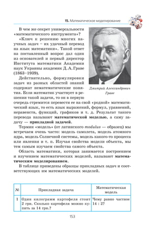 Â ÷åì æå ñåêðåò óíèâåðñàëüíîñòè
«ìàòåìàòè÷åñêîãî èíñòðóìåíòà»?
«Êëþ÷ ê ðåøåíèþ ìíîãèõ íà-
ó÷íûõ çàäà÷ – èõ óäà÷íûé ïåðåâîä
íà ÿçûê ìàòåìàòèêè». Òàêîé îòâåò
íà ïîñòàâëåííûé âîïðîñ äàë îäèí
èç îñíîâàòåëåé è ïåðâûé äèðåêòîð
Èíñòèòóòà ìàòåìàòèêè Àêàäåìèè
íàóê Óêðàèíû àêàäåìèê Ä.À.Ãðàâå
(1863–1939).
Äåéñòâèòåëüíî, ôîðìóëèðîâêè
çàäà÷ èç ðàçíûõ îáëàñòåé çíàíèé
ñîäåðæàò íåìàòåìàòè÷åñêèå ïîíÿ-
òèÿ. Åñëè ìàòåìàòèê ó÷àñòâóåò â ðå-
øåíèè òàêîé çàäà÷è, òî îí â ïåðâóþ
î÷åðåäü ñòðåìèòñÿ ïåðåâåñòè åå íà ñâîé «ðîäíîé» ìàòåìàòè-
÷åñêèé ÿçûê, òî åñòü ÿçûê âûðàæåíèé, ôîðìóë, óðàâíåíèé,
íåðàâåíñòâ, ôóíêöèé, ãðàôèêîâ è ò. ä. Ðåçóëüòàò òàêîãî
ïåðåâîäà íàçûâàþò ìàòåìàòè÷åñêîé ìîäåëüþ, à ñàìó çà-
äà÷ó — ïðèêëàäíîé çàäà÷åé.
Òåðìèí «ìîäåëü» (îò ëàòèíñêîãî modulus — îáðàçåö) ìû
âñòðå÷àåì î÷åíü ÷àñòî: ìîäåëü ñàìîëåòà, ìîäåëü àòîìíîãî
ÿäðà, ìîäåëü Ñîëíå÷íîé ñèñòåìû, ìîäåëü êàêîãî-òî ïðîöåññà
èëè ÿâëåíèÿ è ò. ï. Èçó÷àÿ ñâîéñòâà ìîäåëè îáúåêòà, ìû
òåì ñàìûì èçó÷àåì ñâîéñòâà ñàìîãî îáúåêòà.
Îáëàñòü ìàòåìàòèêè, êîòîðàÿ çàíèìàåòñÿ ïîñòðîåíèåì
è èçó÷åíèåì ìàòåìàòè÷åñêèõ ìîäåëåé, íàçûâàþò ìàòåìà-
òè÷åñêèì ìîäåëèðîâàíèåì.
Â òàáëèöå ïðèâåäåíû îáðàçöû ïðèêëàäíûõ çàäà÷ è ñîîò-
âåòñòâóþùèõ èì ìàòåìàòè÷åñêèõ ìîäåëåé.
¹ Ïðèêëàäíàÿ çàäà÷à
Ìàòåìàòè÷åñêàÿ
ìîäåëü
1 Îäèí êèëîãðàìì êàðòîôåëÿ ñòîèò
2 ãðí. Ñêîëüêî êàðòîôåëÿ ìîæíî êó-
ïèòü çà 14 ãðí.?
×åìó ðàâíî ÷àñòíîå
14 : 2?
Äìèòðèé Àëåêñàíäðîâè÷
Ãðàâå
 