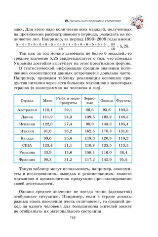 àäàõ. Äëÿ ýòîãî íàäî êîëè÷åñòâî âñåõ ìåäàëåé, ïîëó÷åííûõ
íà ïðîòÿæåíèè ðàññìàòðèâàåìîãî ïåðèîäà, ðàçäåëèòü íà êî-
ëè÷åñòâî ëåò. Íàïðèìåð, çà ïåðèîä 1993–2008 ãîäû èìååì:
5 4 3 6 6 6 5 4 6 4 6 6 6 5 6 6
16
84
16
5 25
+ + + + + + + + + + + + + + +
= = , .
Òàê êàê çà ãîä ìîæíî çàâîåâàòü íå áîëåå 6 ìåäàëåé, òî
ñðåäíåå çíà÷åíèå 5,25 ñâèäåòåëüñòâóåò î òîì, ÷òî êîìàíäà
Óêðàèíû äîñòîéíî âûñòóïàåò íà ýòîì ïðåñòèæíîì ôîðóìå.
Â ñòàòèñòè÷åñêîé èíôîðìàöèè ñðåäíèå çíà÷åíèÿ ïîëó-
÷åííîé ñîâîêóïíîñòè äàííûõ âñòðå÷àþòñÿ äîâîëüíî ÷àñòî.
Íàïðèìåð, ïðèâåäåì òàáëèöó ðåàëèçàöèè îñíîâíûõ ïðî-
äóêòîâ ïèòàíèÿ ÷åðåç ñåòè áîëüøèõ ìàãàçèíîâ â íåêîòîðûõ
ñòðàíàõ (â êèëîãðàììàõ íà ÷åëîâåêà â ãîä).
Ñòðàíà Ìÿñî
Ðûáà è ìîðå-
ïðîäóêòû
Çåðíî-
âûå
Îâîùè Ôðóêòû
Àâñòðàëèÿ 118,1 22,1 86,6 93,8 103,5
Äàíèÿ 111,9 24,3 139,5 102,2 146,5
Èñïàíèÿ 122,0 27,4 98,9 143,3 105,4
Èòàëèÿ 91,0 26,2 162,6 178,3 131,0
Êàíàäà 99,0 25,6 119,3 120,3 119,2
ÑØÀ 123,4 21,1 110,8 123,5 113,5
Óêðàèíà 33,9 15,6 158,4 116,0 36,4
Ôðàíöèÿ 98,3 31,2 117,2 142,9 95,5
Òàêóþ òàáëèöó ìîãóò èñïîëüçîâàòü, íàïðèìåð, ýêîíîìè-
ñòû â èññëåäîâàíèÿõ, âûâîäàõ è ðåêîìåíäàöèÿõ, õîçÿåâà
ìàãàçèíîâ è ïðîèçâîäèòåëè ïðîäóêöèè ïðè ïëàíèðîâàíèè
ñâîåé äåÿòåëüíîñòè.
Îäíàêî ñðåäíåå çíà÷åíèå íå âñåãäà òî÷íî (àäåêâàòíî)
îòîáðàæàåò ñèòóàöèþ. Íàïðèìåð, åñëè â ñòðàíå äîõîäû
ðàçíûõ ñëîåâ íàñåëåíèÿ î÷åíü îòëè÷àþòñÿ, òî ñðåäíèé äî-
õîä íà îäíîãî ÷åëîâåêà äëÿ áîëüøèíñòâà æèòåëåé ìîæåò
íå îòîáðàæàòü èõ ìàòåðèàëüíîãî ñîñòîÿíèÿ.
 