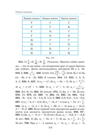 308
Ответы и указания
Ïåðâàÿ ìîíåòà Âòîðàÿ ìîíåòà Òðåòüÿ ìîíåòà
Ã Ã Ã
Ã Ã Ö
Ã Ö Ã
Ã Ö Ö
Ö Ã Ã
Ö Ã Ö
Ö Ö Ã
Ö Ö Ö
Ðèñ. 111
615. 1)
2
9
; 2)
5
36
; 3)
5
12
. Óêàçàíèå. Áðîñèòü êóáèê äâàæ-
äû — ýòî òî æå ñàìîå, ÷òî íåçàâèñèìî äðóã îò äðóãà áðîñèòü
äâà êóáèêà. Äàëåå âîñïîëüçóéòåñü ðèñóíêîì 88 ê ï. 18.
616. 2. 638.
a
a  1
. 640. 1) (12; 11),
16
3
7
3
; ;−( ) 2) (4; 3), (–4; 3),
(4; –3), (–4; –3). 653. 8 ÷ëåíîâ. 654. 13. 655. 1, 2, 3,
4, 5. 656. 8. 657. 1) an
= n2
; 2) an
= 3n + 2; 3) an
n
n
=
− 1
;
4) an
= (–1)n
+ 1. 658. 1) an
= n3
+ 1; 2) an
n n
=
1
1( )
.
+
660. 2) [–6; 1). 662. 32 äåòàëè. 675. 1) Äà, n = 16; 2) íåò.
676. 15. 679. 23. 680. –6. 682. 18. 683. 16. 684. –0,6.
685. –6; –4,5; –3; –1,5; 0; 1,5; 3. 686. 2,2; 0,4; –1,4; –3,2.
687. 1) a1
= 5, d = 2,5; 2) a1
= –6, d = 4 èëè a1
= 15, d
1
2
.
688. 1) a1
= –2, d = 3; 2) a1
= 20, d = –8 èëè a1
= 51,5,
d = –11,5. 689. Åñëè ïåðâûé ÷ëåí ïðîãðåññèè ðàâåí åå ðàç-
íîñòè èëè ðàçíîñòü ïðîãðåññèè ðàâíà íóëþ. 692. 60q.
693. 1) Äà, a1
= –3, d = –6; 2) íåò; 3) äà, a1
= –2,8, d = –2,8;
4) íåò. 694. 1) Äà, a1
= 13, d = 7; 2) äà, a1
1
5
, d
2
5
;
3) íåò. 700. Ïðè x = –1 èìååì: a1
= –3, a2
= –2, a3
= –1;
 