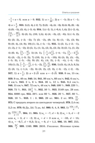 311
Ответы и указания
−  
1
5
0a , èëè a  0. 932. 1) a !
1
20
; 2) a  –5; 3) a m –1;
4) a !
5
3
. 933. 1) (1; 4), (–2; 7); 2) (3; –4), (4; –3); 3) (4; 0), (0; –4);
4) (0; –5), (3; 4), (–3; 4). 934. 1) (–2; 1), (–0,4; 1,4); 2) (–2; 4),
14
9
20
3
; ;−( ) 3) (3; 5), (10; 1,5); 4) (4; –3), (2; –6); 5) (–5; 2);
6) (3; 2), (–2; –3); 7) (3; –2), (0; 1); 8) (1; –2), (3; 0);
9) (8; 4), (4; 8); 10) (1; 5), (–5; –1). 935. 1) (2; 1), (–2; –1),
(1; 2), (–1; –2); 2) (5; 1), (1; 5), (2; 3), (3; 2); 3) (2; 1), (1; 2);
4) (6; 4),
4
5
6
5
; ;−( ) 5) (4; 1), −( )1
4
1
4
5; , (–4; –1),
1
4
1
4
5; ;−( )
6) (3; –2), (–3; 2); 7) (10; 5), (–5; –10); 8) (5; 3), (5; –3),
(–5; 3), (–5; –3); 9) (3; 4), (4; 3), (–3; –4), (–4; –3);
10) (1; 2), − −( )5
3
2
3
; , (–1; –2),
5
3
2
3
; .( ) 936. 1) (3; 4), (4,5; 8,5);
2) (3; 1), (–1,5; –2); 3) (3; 2), (2; 3), (–3; –2), (–2; –3).
937. 1) a
1
2
; 2) a 2 3 èëè a = −2 3. 938. 8 ñì, 15 ñì.
939. 9 ñì, 40 ñì. 940. 54. 941. 80 êì/÷, 60 êì/÷. 942. 6 êì/÷,
4 êì/÷. 943. 2 ÷, 6 ÷. 944. 36 ÷, 12 ÷. 945. 0,5 êì/÷.
946. 15 êì/÷. 947. 72 êì/÷, 48 êì/÷. 948. 500 %. 949. 220 %.
950. 75 %. 951. 33
1
3
%. 952. 50 %. 953. 3149 ãðí. 28 êîï.
954. 6000 ãðí. 955. 20% èëè 80 %. 956. 20 %. 957. 80 %.
958. 10 %. 959. 1 : 3. 960. 20 êã. 961. 2 êã. 973.
11
12
.
975. Ñ òðèäöàòü âòîðîãî ïî øåñòüäåñÿò ÷åòâåðòûé. 978. 2,4 ñì;
3,2 ñì. 979. 6) Äà, 2d; 7) äà, 4d. 980. 0, 4, 8. 983. 1)
n a n
a
( – )
;
2)
n na b
a b
( – )
.

984. 11. 985. 1) a1
= –7, d = 3; 2) a1
= 5, d = –2
èëè a1
= 3, d = –2; 3) a1
= d = 3 èëè a1
= –33, d = 15;
4) a1
= –0,7, d = 0,3; 5) a1
= 0, d = 1,5. 986. 10. 987. 255.
988.
2
3
2
a
989. 1160. 990. 2610. Óêàçàíèå. Èñêîìàÿ ñóììà
 