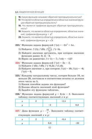 y = x2
y x=
223.° Ôóíêöèÿ çàäàíà ôîðìóëîé f (x) = –2x2
+ 5x.
1) Íàéäèòå: f (1); f (0); f
1
2
( ); f (–5).
2) Íàéäèòå çíà÷åíèå àðãóìåíòà, ïðè êîòîðîì çíà÷åíèå
ôóíêöèè ðàâíî: 0; 2; –3.
3) Âåðíî ëè ðàâåíñòâî: f (–1) = 7; f (4) = –12?
224.° Ôóíêöèÿ çàäàíà ôîðìóëîé f (x) = 3x – 2.
1) Íàéäèòå f (3); f (0); f (–0,2); f (1,6).
2) Íàéäèòå çíà÷åíèå x, ïðè êîòîðîì: f (x) = 10; f (x) = –6;
f (x) = 0.
225.° Êàæäîìó íàòóðàëüíîìó ÷èñëó, êîòîðîå áîëüøå 10, íî
ìåíüøå 20, ïîñòàâèëè â ñîîòâåòñòâèå îñòàòîê îò äåëåíèÿ
ýòîãî ÷èñëà íà 5.
1) Êàêèì ñïîñîáîì çàäàíà ýòà ôóíêöèÿ?
2) Êàêîâà îáëàñòü çíà÷åíèé ýòîé ôóíêöèè?
3) Çàäàéòå ýòó ôóíêöèþ òàáëè÷íî.
226.° Ôóíêöèÿ çàäàíà ôîðìóëîé y = 0,4x – 2. Çàïîëíèòå
òàáëèöó ñîîòâåòñòâóþùèõ çíà÷åíèé x è y:
x 2 –2,5
y –2 0,8
227.° Äàíà ôóíêöèÿ y
x
= −
16
. Çàïîëíèòå òàáëèöó ñîîòâåò-
ñòâóþùèõ çíà÷åíèé x è y:
x 2 –0,4
y 0,8 –32
 