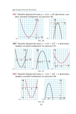 321.•
Çàäàéòå ôîðìóëîé âèäà y = a (x + m)2
ôóíêöèþ, ãðà-
ôèê êîòîðîé èçîáðàæåí íà ðèñóíêå 56.
322.•
Çàäàéòå ôîðìóëîé âèäà y = a (x + m)2
+ n ôóíêöèþ,
ãðàôèê êîòîðîé èçîáðàæåí íà ðèñóíêå 57.
323.•
Çàäàéòå ôîðìóëîé âèäà y = a (x + m)2
+ n ôóíêöèþ,
ãðàôèê êîòîðîé èçîáðàæåí íà ðèñóíêå 58.
0
8
1
x
y
1–4
0
1
x
y
1
–2
0 1 x
y
1
3
4
0 1 x
y
5
1
2
0 1 x
y
1
–4
–4 –2
0
7
x
y
1
–6 1
0 1 x
y
4
1
–5
Ðèñ. 57
Ðèñ. 56
Ðèñ. 58
à)
à)
à)
á)
â)á)
á)
 