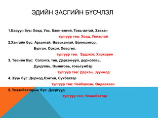 ЭДИЙН ЗАСГИЙН БҮСЧЛЭЛ
1.Баруун бүс: Ховд, Увс, Баян-өлгий, Говь-алтай, Завхан
тулгуур төв: Ховд, Улиастай
2.Хангайн бүс: Архангай, Өвөрхангай, Баянхонгор,
Булган, Орхон, Хөвсгөл.
тулгуур төв: Эрдэнэт, Хархорин
3. Төвийн бүс: Сэлэнгэ, төв, Дархан-уул, дорноговь,
Дундговь, Өмнөговь, говьсүмбэр
тулгуур төв: Дархан, Зуунмод
4. Зүүн бүс: Дорнод,Хэнтий, Сүхбаатар
тулгуур төв: Чойбалсан, Өндөрхаан
5. Улаанбаатарын бүс: Дүүргүүд
тулгуур төв: Улаанбаатар
 