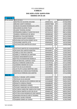 SALA 01
Nº de chamada Nome do Aluno DATA DE NASCIMENTO
1 BEATRIZ DE OLIVEIRA AVELINO 109405321 1 SP 07/04/2006
2 BRUNO CADETE MORAES 109404748 X SP 17/04/2006
3 CARLOS EDUARDO RODRIGUES LOPES 110139941 7 SP 10/07/2006
4 EDUARDO OLIVEIRA TELES 107843230 2 SP 10/10/2006
5 ELAINE TEIXEIRA JOVINO 109398816 2 SP 30/12/2006
6 FERNANDA ISABELLY SUAVE DA SILVA 107241412 0 SP 08/11/2006
7 GABRIEL RODRIGUES DE MELO 108488506 2 SP 14/04/2006
8 GABRIELLE PAULINO RIBEIRO 109334260 2 SP 03/11/2006
9 GEOVANA DUARTE RODRIGUES 109402927 0 SP 06/07/2006
10 GIOVANA KATHLEEN GOMES SILVA 110139956 9 SP 06/07/2006
11 GIOVANNE SANTOS LEITE 109403603 1 SP 10/10/2006
12 GUSTAVO DOS SANTOS DE JESUS 110140259 3 SP 19/09/2006
SALA 02
13 GUSTAVO SANTOS DE ALBUQUERQUE 109407021 X SP 19/01/2007
14 HELOISA DOS SANTOS MARTINS 109160067 3 SP 13/01/2007
15 ISABELLA DOS REIS SANTOS 109403644 4 SP 21/03/2007
16 ISABELLY FERREIRA DE SANTANA 108498920 7 SP 23/05/2006
17 ISAQUE NASCIMENTO SILVA 109403255 4 SP 12/01/2007
18 KETHELLYN MONTEIRO MORELIS 109408610 1 SP 09/10/2006
19 KEVIN MICHAEL GARVIZU COCA 108326381 X SP 14/07/2006
20 LAISLA FERREIRA GONCALVES 110139533 3 SP 07/12/2006
21 LEANDRO AMARO DA SILVA 110139988 0 SP 22/03/2007
22 LETICIA DA SILVA NOVAIS 110139997 1 SP 08/03/2007
23 LUIZ FELIPE ALIAGA MARTINS LIMA 108393484 3 SP 26/06/2005
24 MARIANI DA CONCEICAO PEDREIRA 109400584 8 SP 04/12/2006
25 MATHEUS FERREIRA DOS SANTOS 109406930 9 SP 27/12/2006
SALA 03
26 NICOLLY ARIANE LOPES GOMES 110139597 7 SP 26/04/2006
27 NYCOLAS SILVA AGUIAR 109403545 2 SP 05/07/2006
28 RAFAEL WILIAN ALVES CORREIA DOS SANTOS 110140040 7 SP 29/01/2007
29 RENATO CORREIA PRADO 109408698 8 SP 16/05/2006
30 SAMUEL MARQUES GOMES 106888801 5 SP 15/02/2007
31 TIFFANY CAROLINE DA COSTA SOUZA 109398844 7 SP 30/09/2006
32 VICTORYA CAROLYNE GARCIA DA CUNHA 109400981 7 SP 10/10/2006
33 VICTORYA SANTOS ALVES DA SILVA 109400132 6 SP 04/01/2007
34 VYCTOR HUGO RODRIGUES DOS SANTOS FELIX109402480 6 SP 30/06/2006
35 WAGNER KAUAN DE MELO TESSARO 109402130 1 SP 02/12/2006
36 WENDEL NUNES PEREIRA 109400547 2 SP 03/04/2006
37 YASMIM GOMES DE GODOI 108488360 0 SP 31/05/2006
RA
9 ANO A
DIAS 18/02 e 25/02- QUINTA-FEIRA
HORÁRIO: 07h ÀS 14h
P.E.I LOUIS BRAILLE
Sem restrições
 