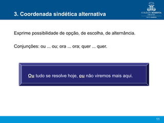 11
3. Coordenada sindética alternativa
Exprime possibilidade de opção, de escolha, de alternância.
Conjunções: ou ... ou; ora ... ora; quer ... quer.
OuOu tudo se resolve hoje, ouou não viremos mais aqui.
 