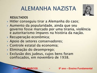RESULTADOS
   Hitler conseguiu tirar a Alemanha do caos;
   Aumento da popularidade, ainda que seu
    governo fosse marcado por uma tirania, violência
    e autoritarismo ímpares na história da nação.
   Recuperação econômica;
   Apoio de setores conservadores;
   Controle estatal da economia;
   Eliminação do desemprego;
   Exclusão dos judeus, cujos bens foram
    confiscados, em novembro de 1938.


      Profº JORE MARCOS    -     9º ano – Ensino Fundamental
 