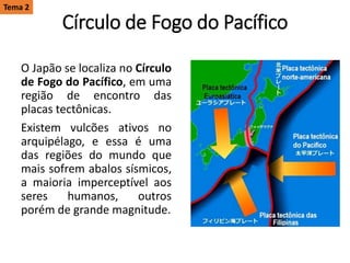 Círculo de Fogo do Pacífico
O Japão se localiza no Círculo
de Fogo do Pacífico, em uma
região de encontro das
placas tectônicas.
Existem vulcões ativos no
arquipélago, e essa é uma
das regiões do mundo que
mais sofrem abalos sísmicos,
a maioria imperceptível aos
seres humanos, outros
porém de grande magnitude.
Tema 2
 