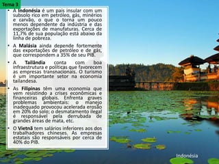 • A Indonésia é um país insular com um
subsolo rico em petróleo, gás, minérios
e carvão, o que o torna um pouco
menos dependente da indústria e das
exportações de manufaturas. Cerca de
11,7% de sua população está abaixo da
linha de pobreza.
• A Malásia ainda depende fortemente
das exportações de petróleo e de gás,
que correspondem a 35% de seu PIB.
• A Tailândia conta com boa
infraestrutura e políticas que favorecem
as empresas transnacionais. O turismo
é um importante setor na economia
tailandesa.
• As Filipinas têm uma economia que
vem resistindo a crises econômicas e
financeiras globais. Enfrenta graves
problemas ambientais: o manejo
inadequado provocou acelerada erosão
em 20% do solo; o desmatamento ilegal
é responsável pela derrubada de
grandes áreas de mata, etc.
• O Vietnã tem salários inferiores aos dos
trabalhadores chineses. As empresas
estatais são responsáveis por cerca de
40% do PIB.
Tema 3
Indonésia
 