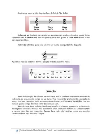 15 Portal de Educação Musical do Colégio Pedro II – www.portaledumusicalcp2.mus.br
Atualmente usam‐se três tipos de clave: de Sol, de Fá e de Dó. 
 
 
 
 
 
 
 
 
A clave de sol é própria para grafarmos as notas mais agudas, evitando o uso de linhas 
suplementares. A clave de fá é indicada para as notas mais graves. A clave de dó é mais usada 
para os sons médios.   
 
A clave de sol indica que a nota sol deve ser escrita na segunda linha da pauta. 
   
A partir da nota sol podemos definir a posição de todas as outras notas: 
 
 
 
 
 
DURAÇÃO 
Além da indicação das alturas, necessitamos indicar também o tempo de emissão de 
cada nota, ou seja, quanto tempo ela vai durar. Para representar graficamente a duração do 
tempo dos sons (notas) na música usamos sinais chamados FIGURAS DE DURAÇÃO. Elas nos 
indicam quanto tempo devemos emitir determinado som.  
Além da duração da emissão das alturas também precisamos representar graficamente 
a duração do silêncio na música. Para isso usamos sinais chamados de PAUSAS. Esses sinais têm 
o  mesmo  valor  das  suas  respectivas  figuras.  Para  cada  valor  positivo  temos  um  negativo 
correspondente. Veja o quadro a seguir: 
 
 
 
 