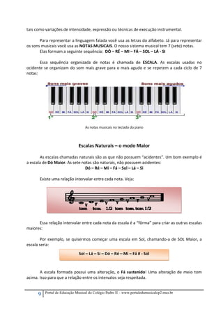 9 Portal de Educação Musical do Colégio Pedro II – www.portaledumusicalcp2.mus.br
tais como variações de intensidade, expressão ou técnicas de execução instrumental. 
 
Para representar a linguagem falada você usa as letras do alfabeto. Já para representar 
os sons musicais você usa as NOTAS MUSICAIS. O nosso sistema musical tem 7 (sete) notas.  
Elas formam a seguinte sequência:  DÓ – RÉ – MI – FÁ – SOL – LÁ ‐ SI  
 
Essa  sequência  organizada  de  notas  é  chamada  de  ESCALA.  As  escalas  usadas  no 
ocidente se organizam do som mais grave para o mais agudo e se repetem a cada ciclo de 7 
notas: 
 
As notas musicais no teclado do piano  
 
 
Escalas Naturais – o modo Maior 
 
  As escalas chamadas naturais são as que não possuem “acidentes”. Um bom exemplo é 
a escala de Dó Maior. As sete notas são naturais, não possuem acidentes:  
Dó – Ré – Mi – Fá – Sol – Lá – Si 
 
Existe uma relação intervalar entre cada nota. Veja: 
 
 
 
 
 
 
 
Essa relação intervalar entre cada nota da escala é a “fôrma” para criar as outras escalas 
maiores: 
 
Por exemplo, se quisermos começar uma escala em Sol, chamando‐a de SOL Maior, a 
escala seria: 
 
 
 
 
A escala formada possui uma alteração, o Fá sustenido! Uma alteração de meio tom 
acima. Isso para que a relação entre os intervalos seja respeitada. 
Sol – Lá – Si – Dó – Ré – Mi – Fá # ‐ Sol 
 