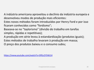O expansionismo europeu 20
Uma agressão a um dos membros obrigava os outros a intervirem;
Assegurar a independência e integridade territorial dos estados;
A sua sede estabeleceu-se na cidade suíça de Genebra;
A SDN constituiu uma razão de esperança para os povos;
 