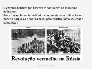 28
A indústria americana aproveitou o declínio da indústria europeia
e desenvolveu modos de produção mais eficientes:
Estes novos métodos foram introduzidos por Henry Ford e por isso
ficaram conhecidos como “fordismo”;
Baseava-se no “taylorismo” (divisão do trabalho em tarefas
simples, rápidas e repetitivas);
https://www.youtube.com/watch?v=DfGs2Y5WJ14
 