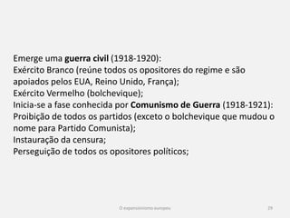O expansionismo europeu 29
A produção em série levou à estandardização (produtos iguais);
Estes métodos de trabalho levaram à produção em massa;
O preço dos produtos baixou e o consumo subiu;
 