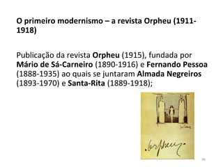O primeiro modernismo – a revista Orpheu (1911-
1918)
Publicação da revista Orpheu (1915), fundada por
Mário de Sá-Carneiro (1890-1916) e Fernando Pessoa
(1888-1935) ao quais se juntaram Almada Negreiros
(1893-1970) e Santa-Rita (1889-1918);
36
 