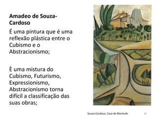 Amadeo de Souza-
Cardoso
É uma pintura que é uma
reflexão plástica entre o
Cubismo e o
Abstracionismo;
È uma mistura do
Cubismo, Futurismo,
Expressionismo,
Abstracionismo torna
difícil a classificação das
suas obras;
38
Souza-Cardoso, Casa de Manhufe
 