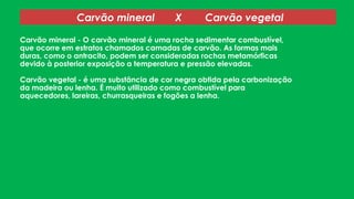 Carvão mineral

X

Carvão vegetal

Carvão mineral - O carvão mineral é uma rocha sedimentar combustível,
que ocorre em estratos chamados camadas de carvão. As formas mais
duras, como o antracito, podem ser consideradas rochas metamórficas
devido à posterior exposição a temperatura e pressão elevadas.
Carvão vegetal - é uma substância de cor negra obtida pela carbonização
da madeira ou lenha. É muito utilizado como combustível para
aquecedores, lareiras, churrasqueiras e fogões a lenha.

 
